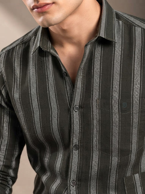 Deep Military Green Vertical Stripes Casual Shirt