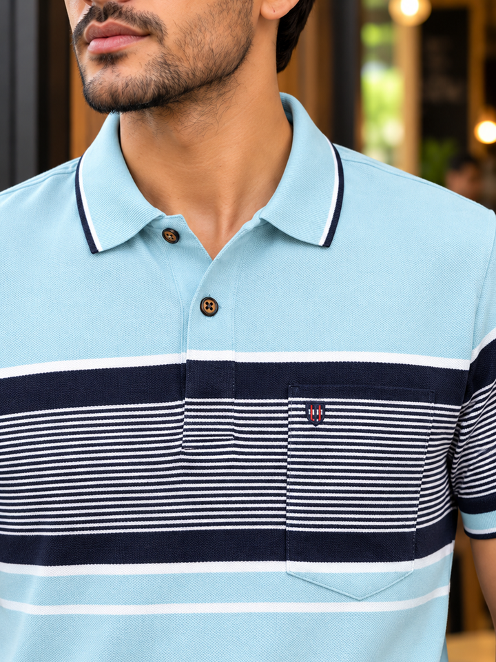 Deep Sky Blue Horizontal Stripes Casual Shirt