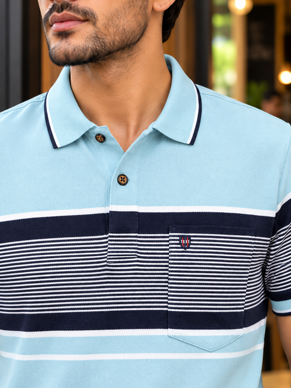Deep Sky Blue Horizontal Stripes Casual Shirt