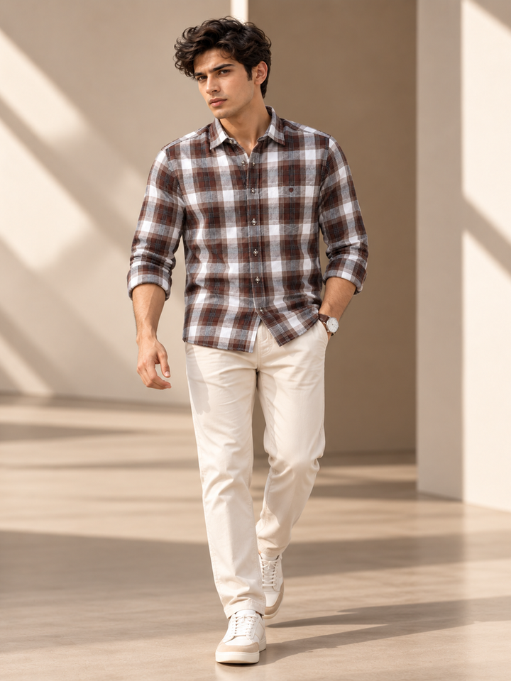 Pine Brown and Off White Checkered Casual Shirt