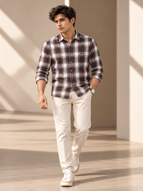Pine Brown and Off White Checkered Casual Shirt