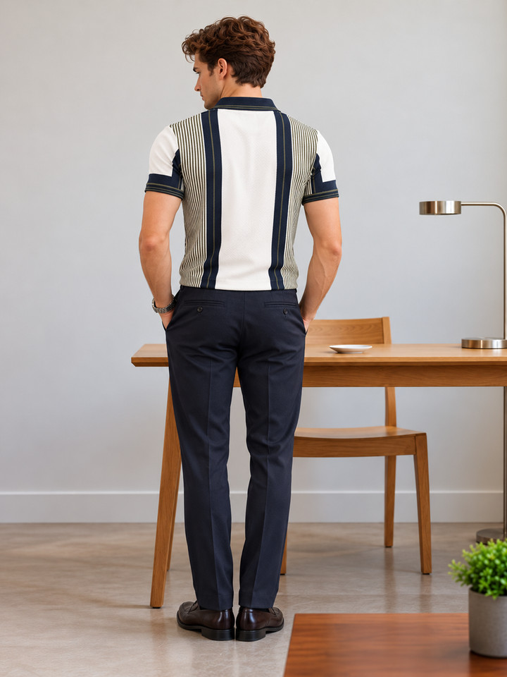 Ivory White and Blue  Stripes Textured Polo T Shirt