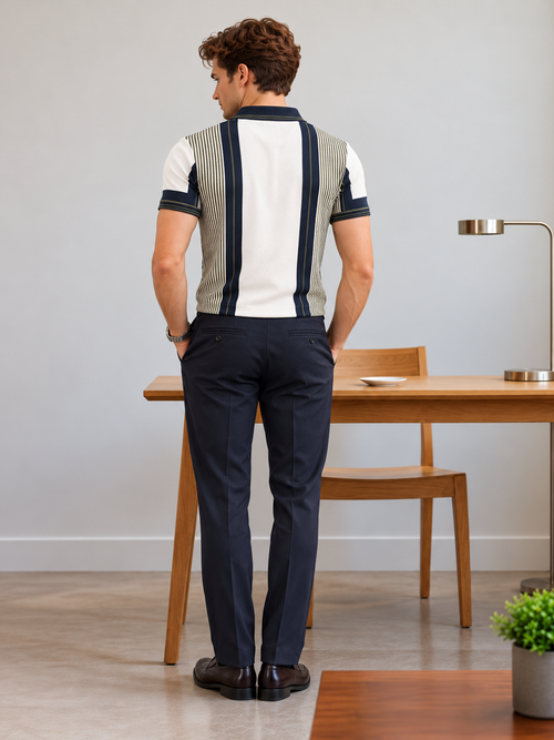 Ivory White and Blue  Stripes Textured Polo T Shirt