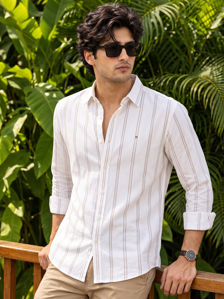 Ivory White and Cider Brown Vertical Stripes Casual Shirt