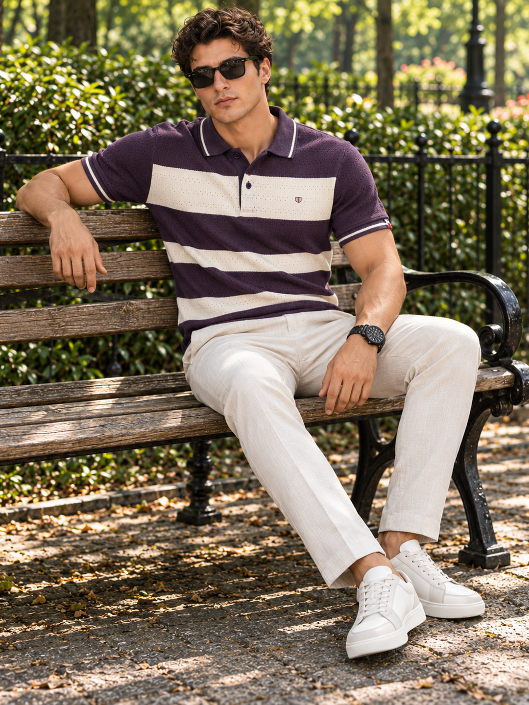 Deep Plum and Ivory White Horizontal Striped Textured Polo T Shirt