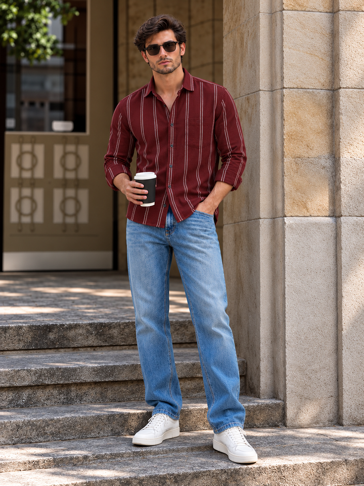 Deep Burgundy Vertical Stripes Casual Shirt
