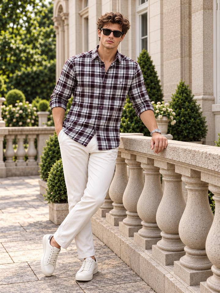 Berry and White Checkered Casual Shirt
