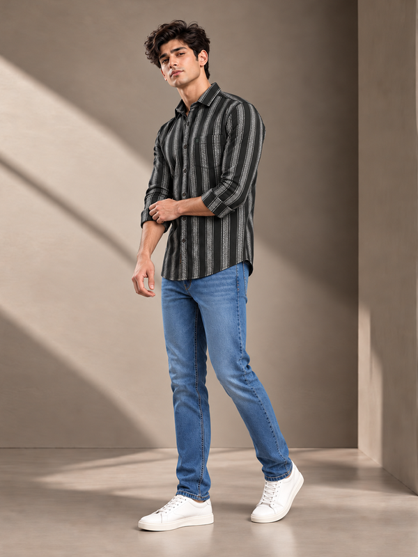 Core Black and Grey Vertical Stripes Casual Shirt