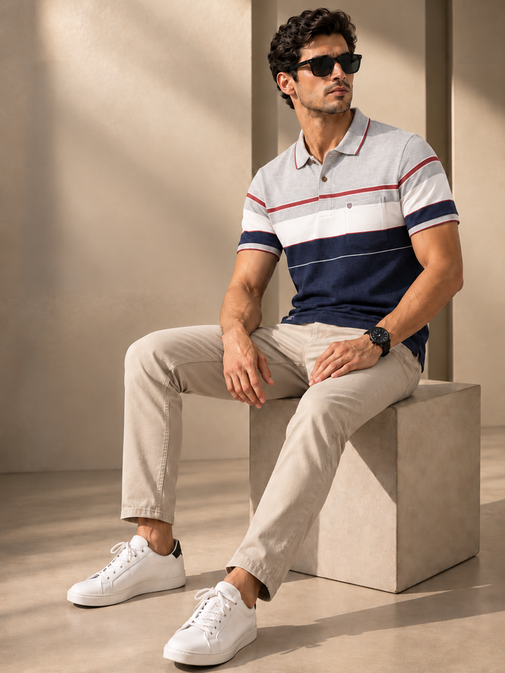 Light Grey and Navy Horizontal Stripes Polo T Shirt