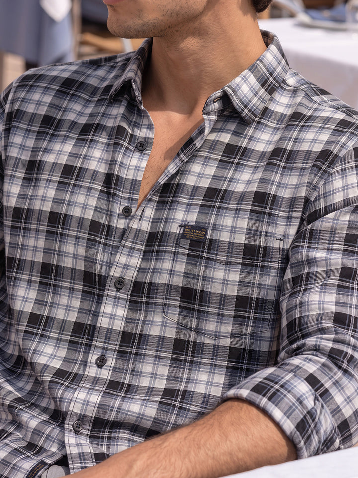 Charcoal Grey and Navy Checkered Urban Casual Shirt