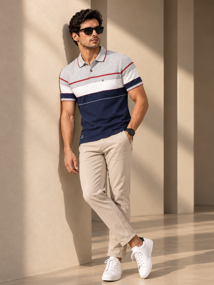 Light Grey and Navy Horizontal Stripes Polo T Shirt
