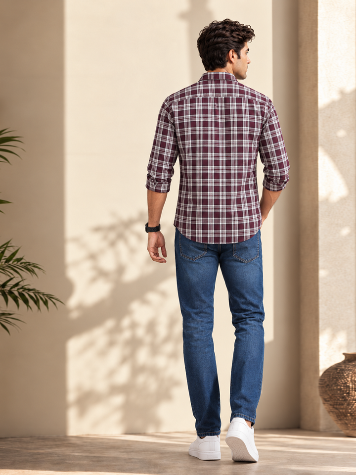 Mavue Wine Checkered Casual Shirt