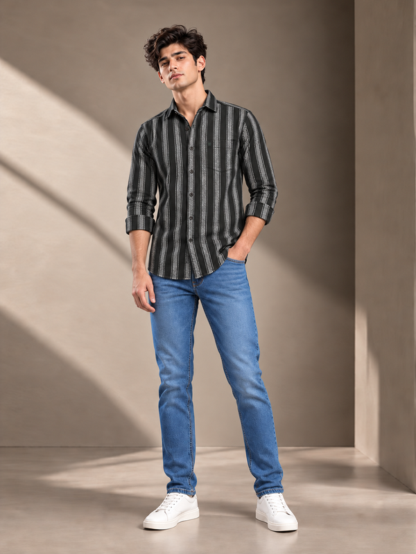 Core Black and Grey Vertical Stripes Casual Shirt