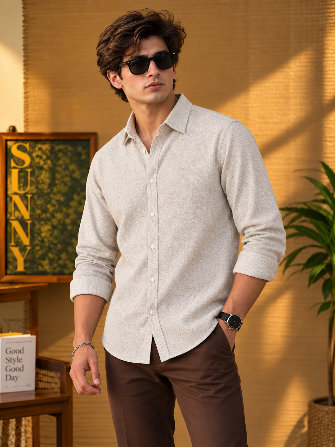 Pale Beige Embroidery Printed Casual Shirt