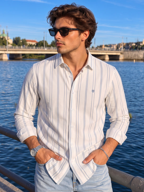White and Steel Blue Vertical Stripes Casual Shirt