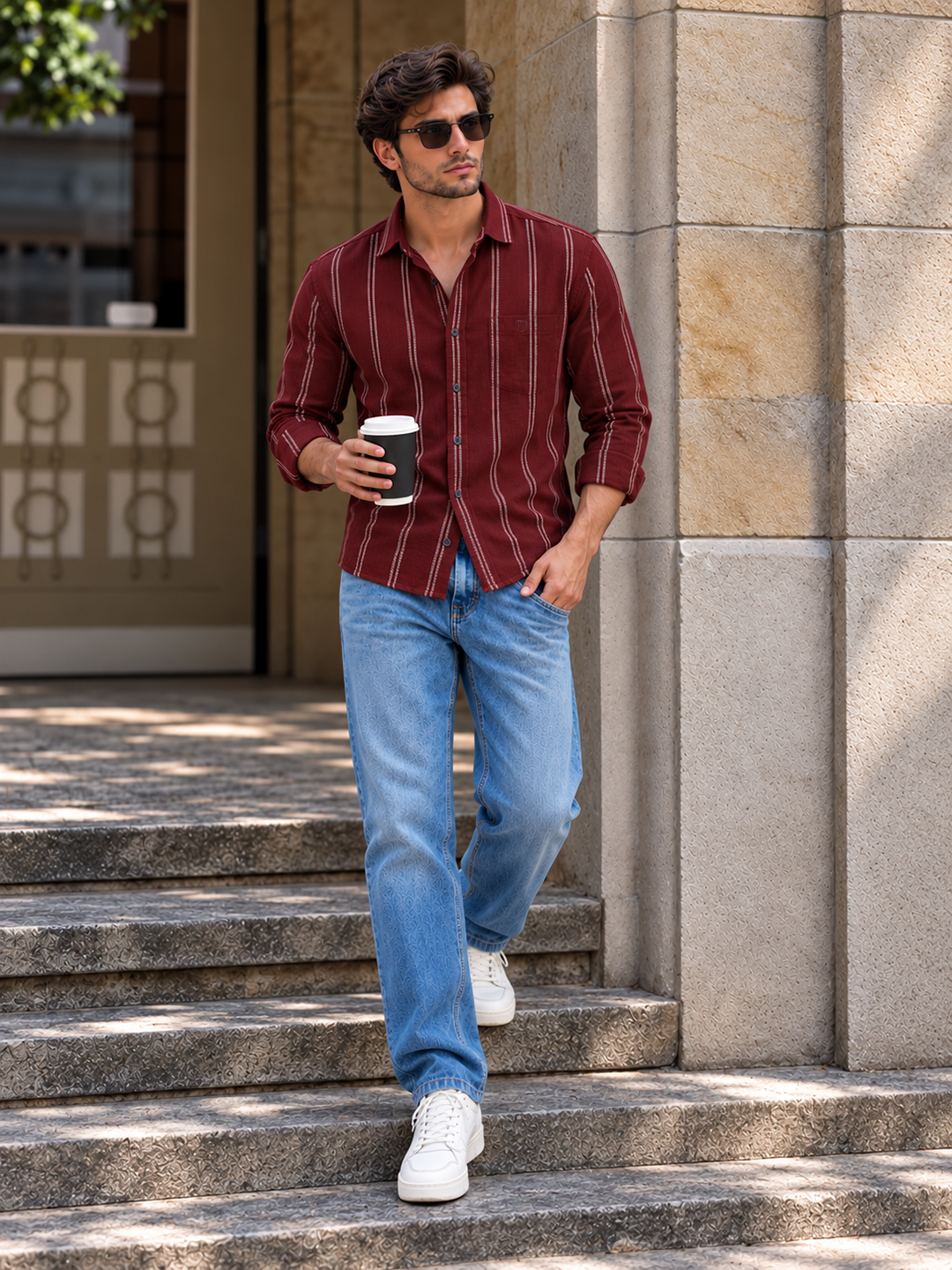 Deep Burgundy Vertical Stripes Casual Shirt