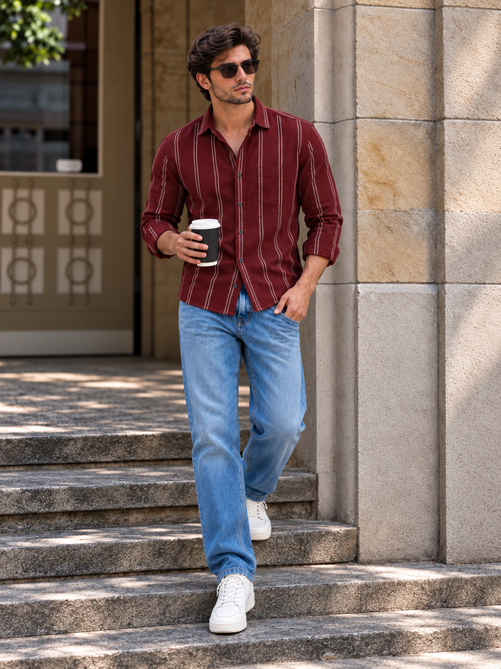 Deep Burgundy Vertical Stripes Casual Shirt