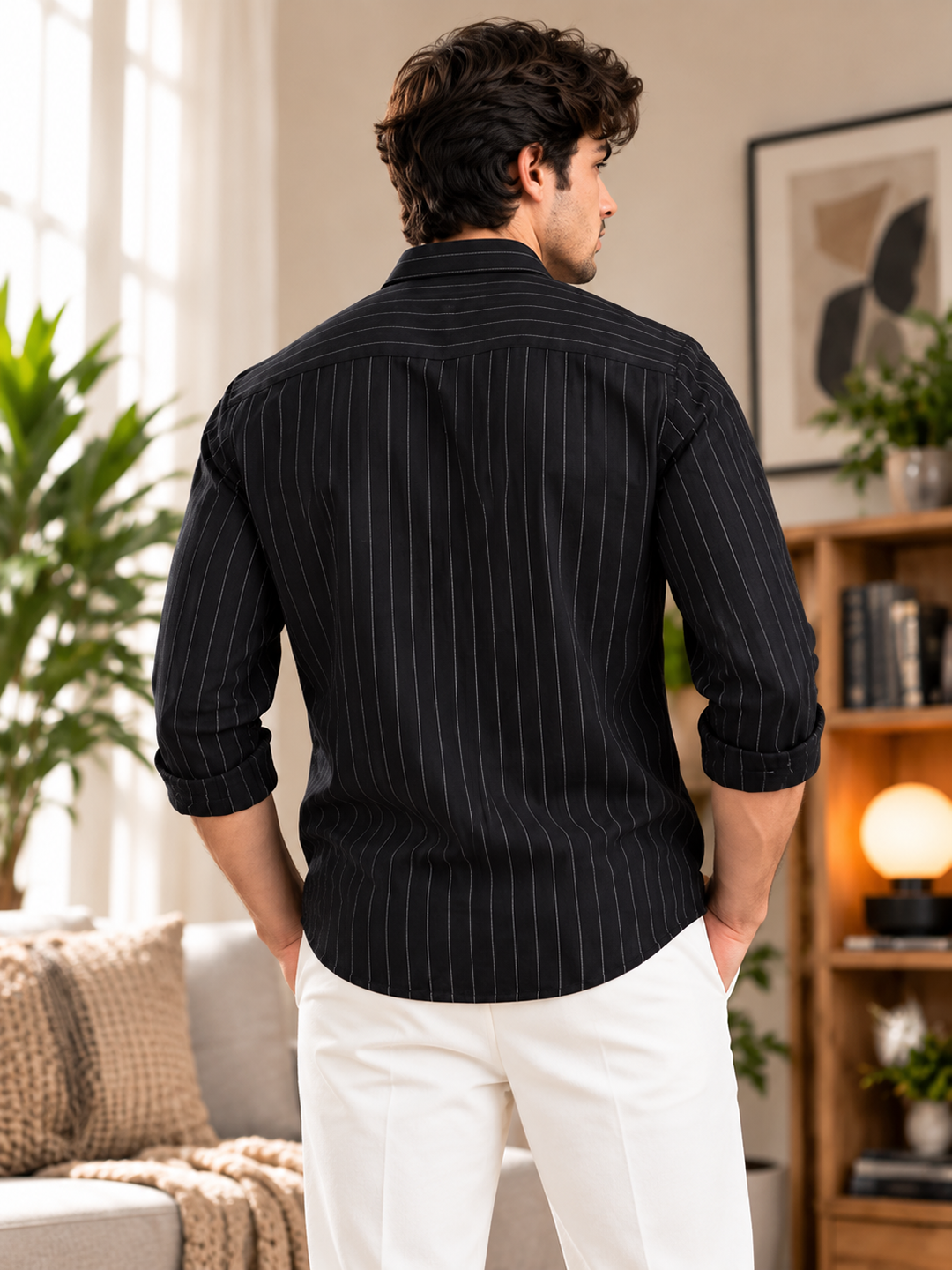 Carbon Black and White Embroid Vertical Stripes Casual Shirt