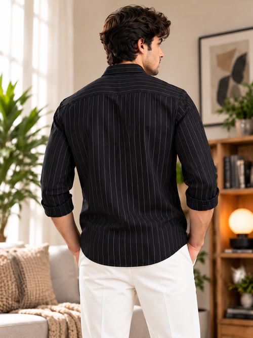 Carbon Black and White Embroid Vertical Stripes Casual Shirt