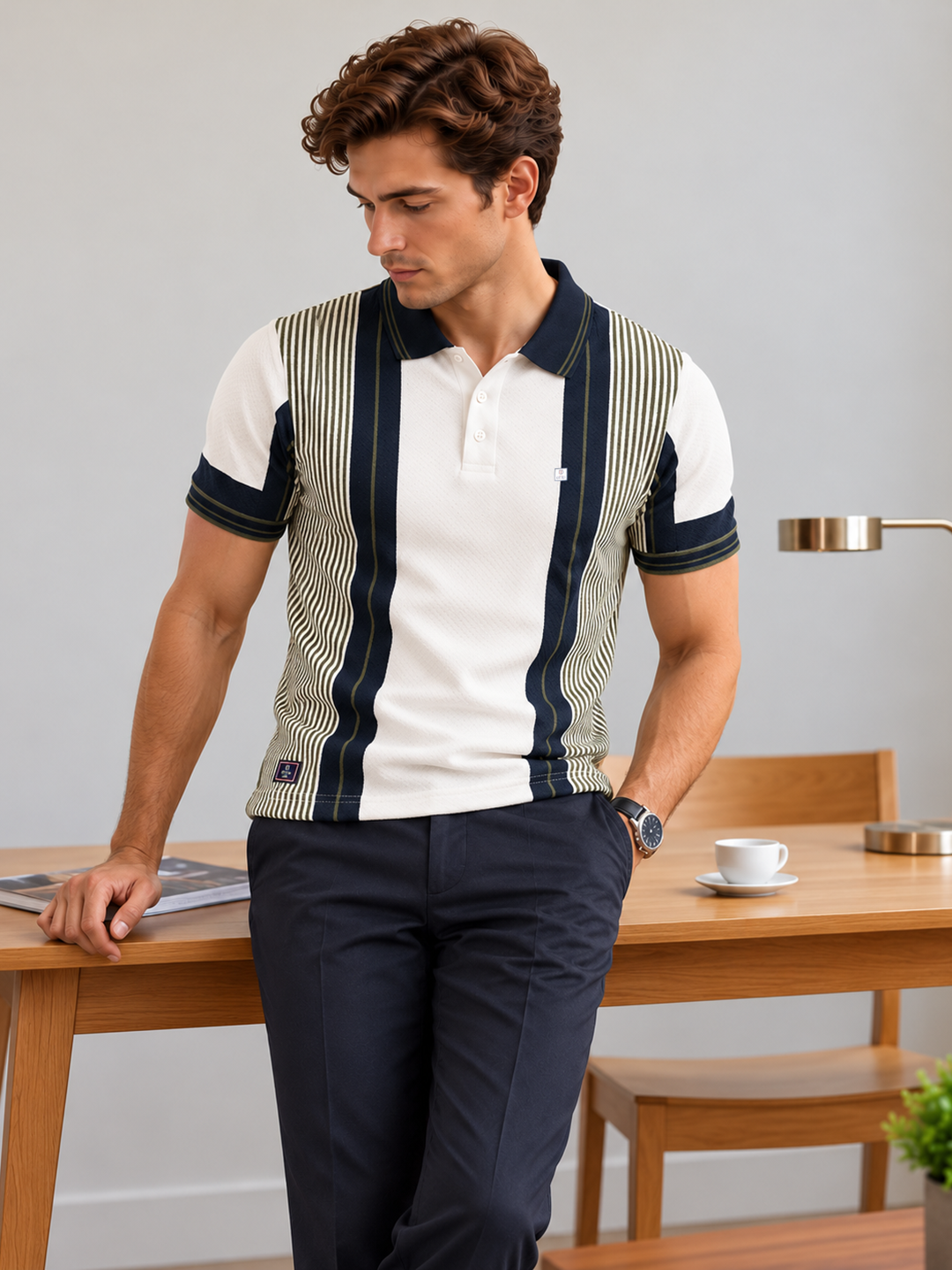 Ivory White and Blue  Stripes Textured Polo T Shirt