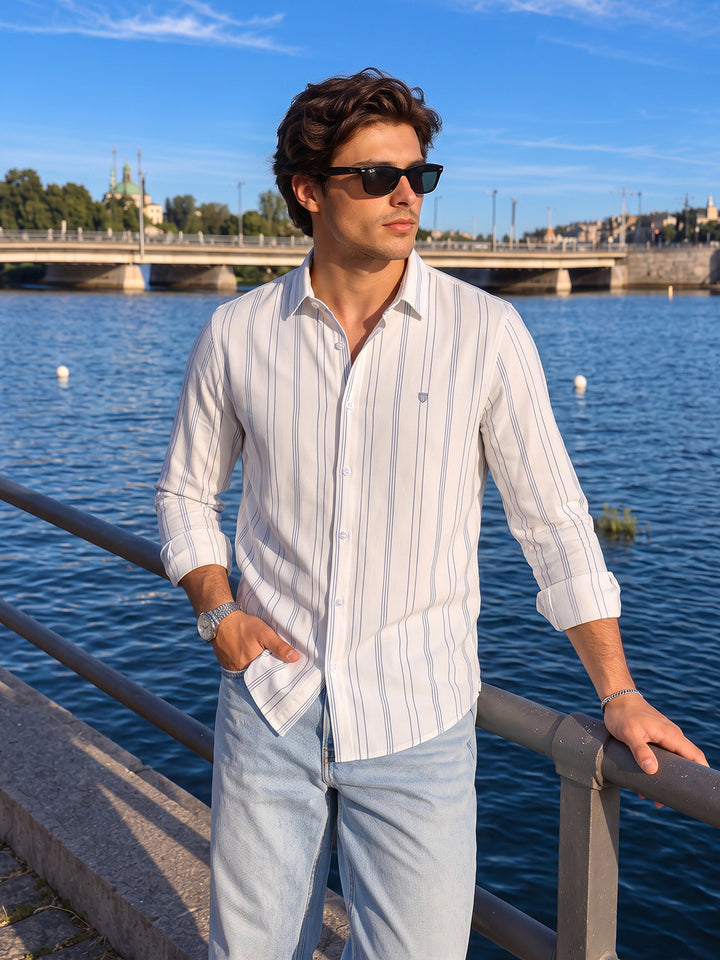 White and Steel Blue Vertical Stripes Casual Shirt