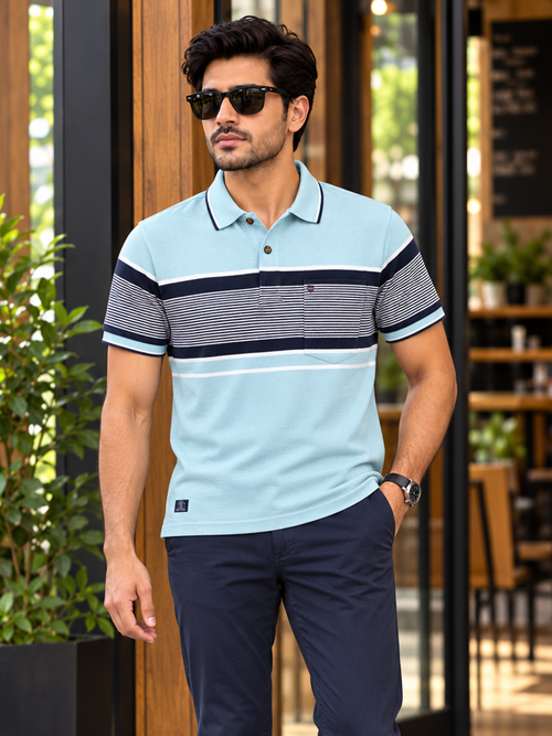 Deep Sky Blue Horizontal Stripes Casual Shirt