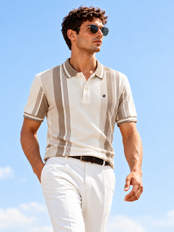 Beige and Ivory White Textured Vertical Stripes Polo T Shirt