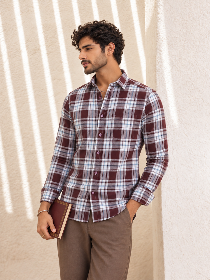 Dark Wine Checkered Casual Shirt