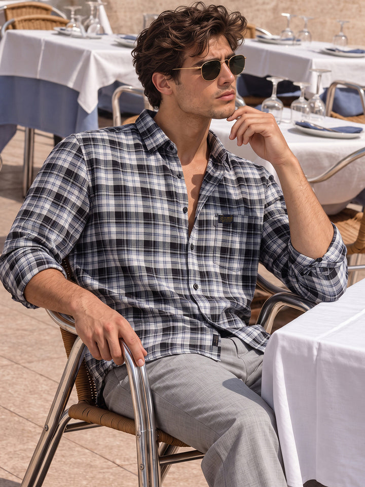 Charcoal Grey and Navy Checkered Urban Casual Shirt