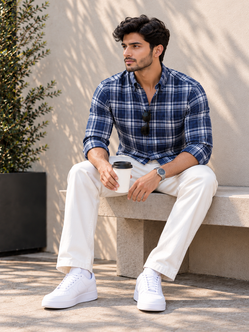 Hazy Indigo Checkered Casual Shirt