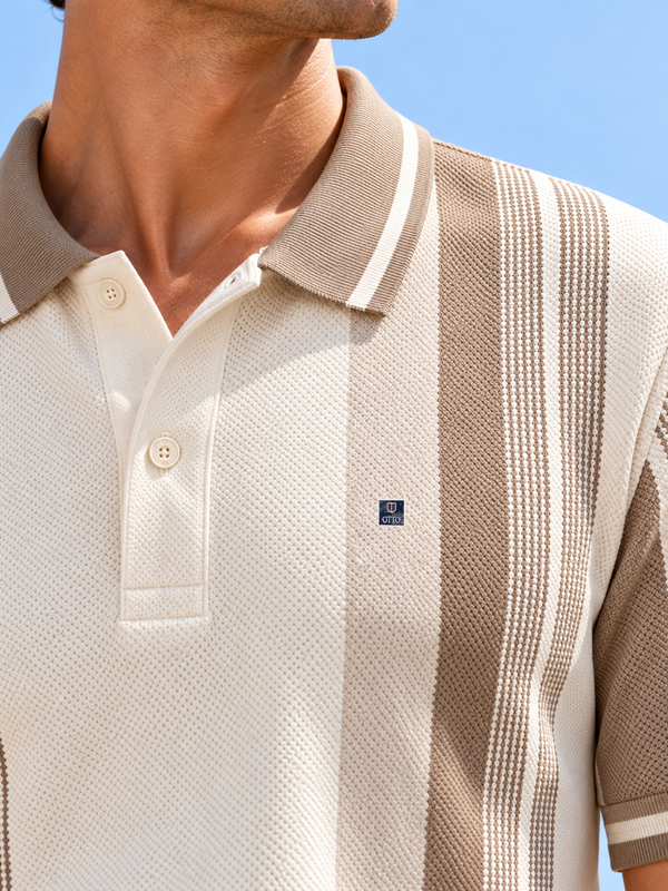 Beige and Ivory White Textured Vertical Stripes Polo T Shirt