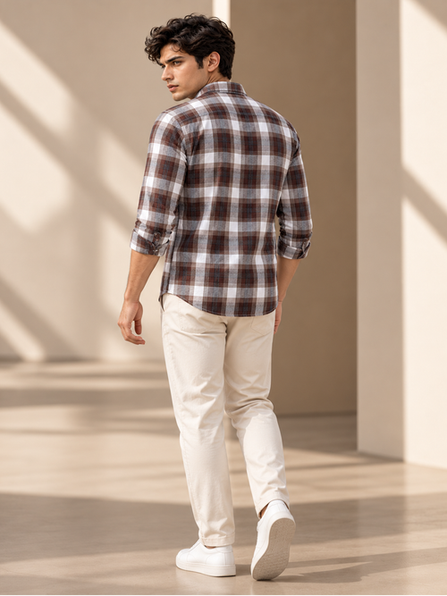 Pine Brown and Off White Checkered Casual Shirt