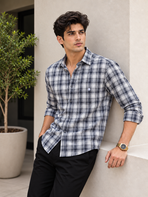 Deep Slate Blue and White Checkered Casual Shirt