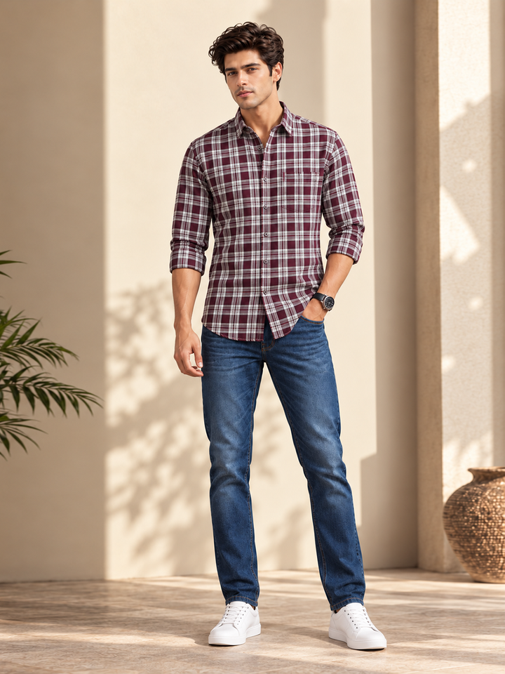 Mavue Wine Checkered Casual Shirt