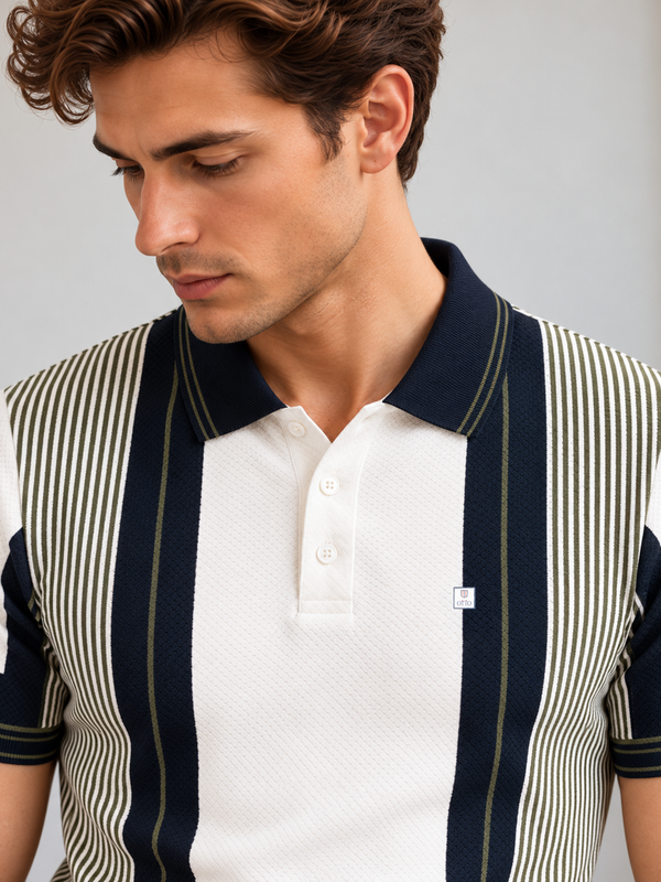 Ivory White and Blue  Stripes Textured Polo T Shirt