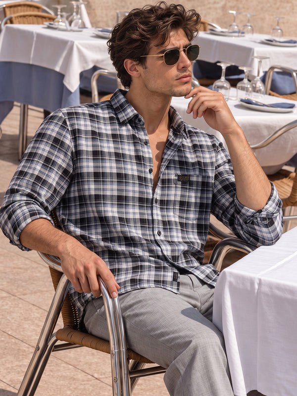Charcoal Grey and Navy Checkered Urban Casual Shirt