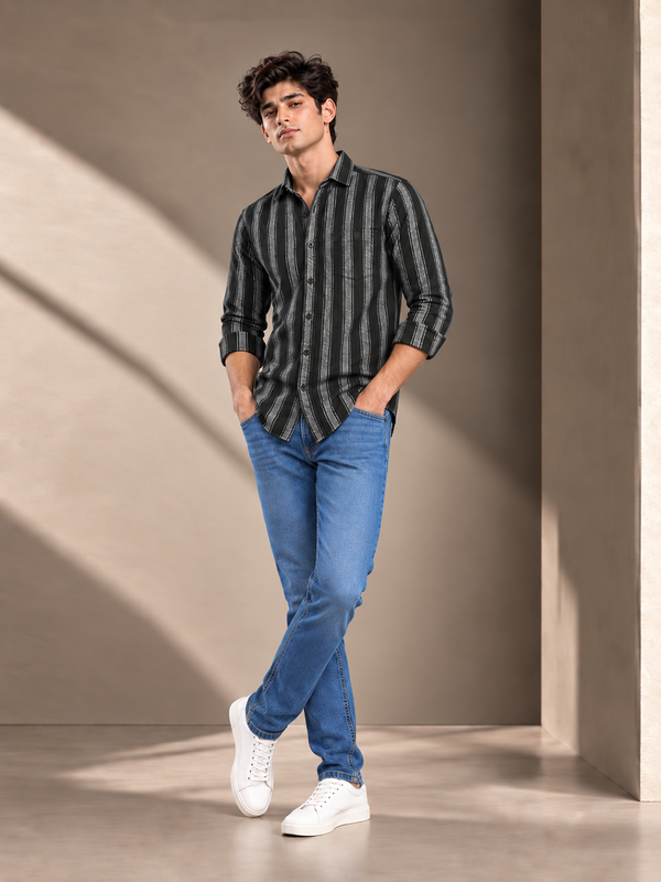 Core Black and Grey Vertical Stripes Casual Shirt