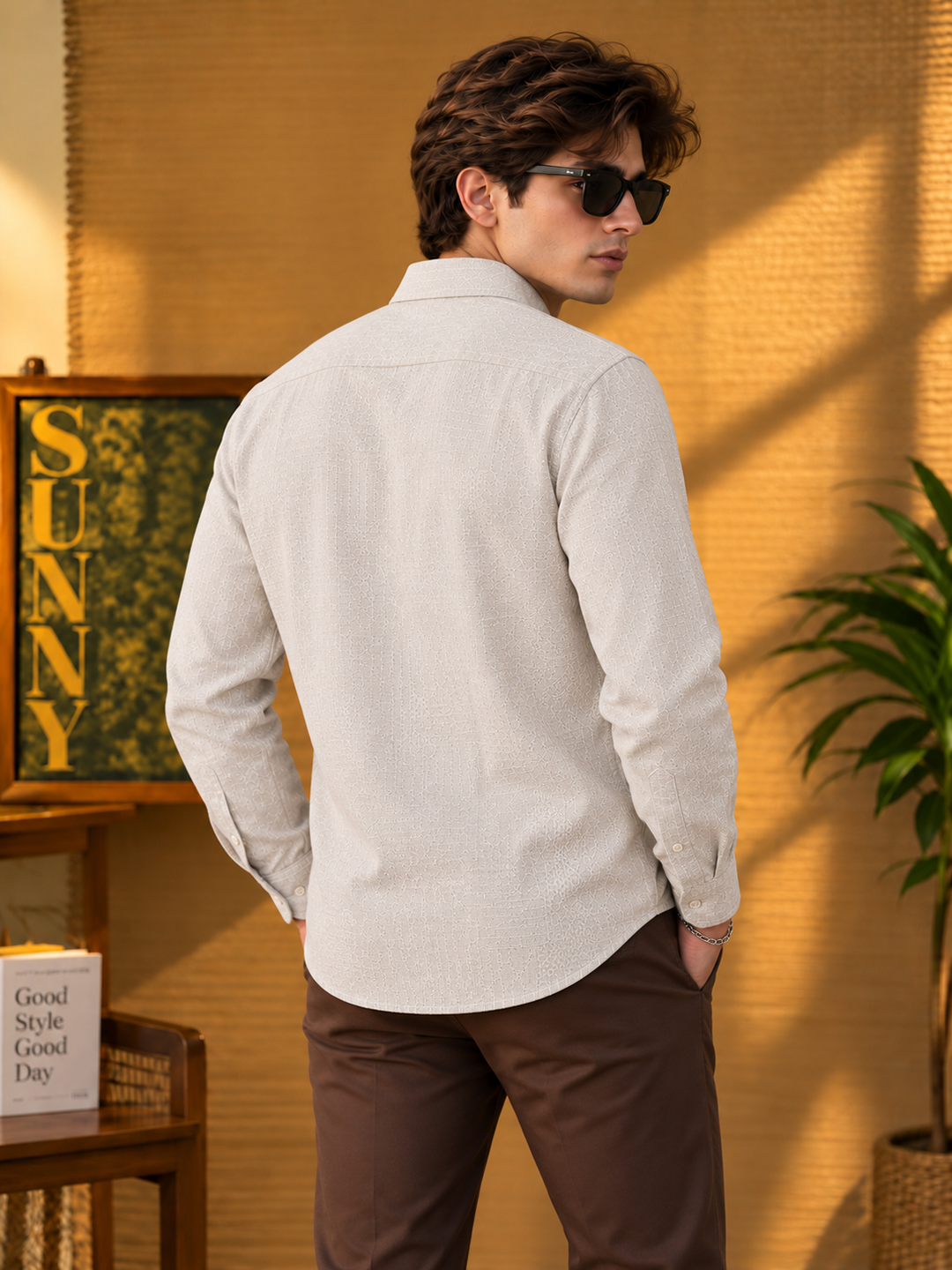 Pale Beige Embroidery Printed Casual Shirt