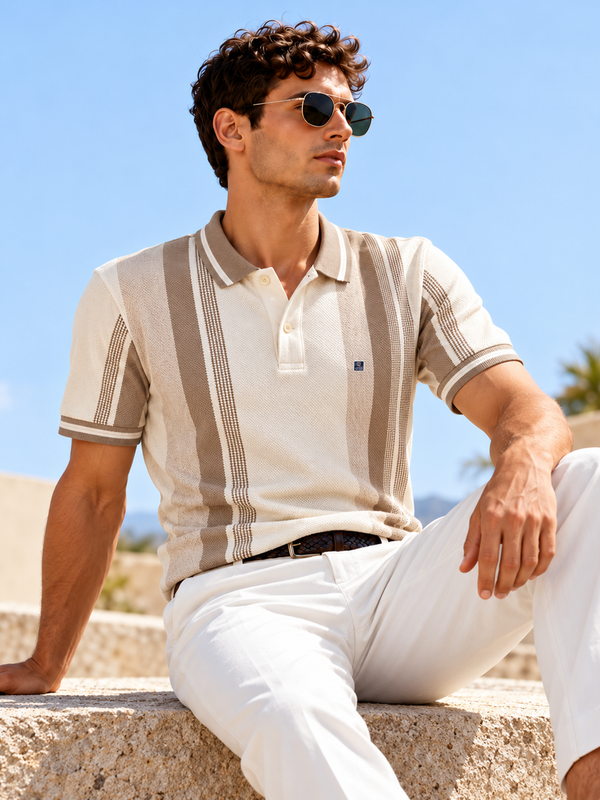 Beige and Ivory White Textured Vertical Stripes Polo T Shirt