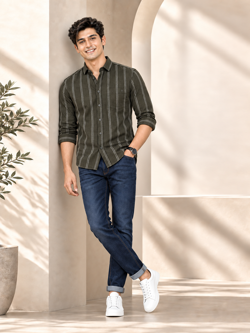 Leaf Green Vertical Stripes Casual Shirt