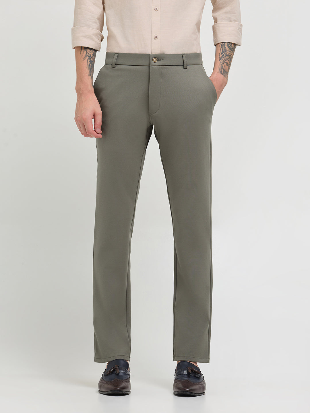 Pista Green Solid Casual Trousers