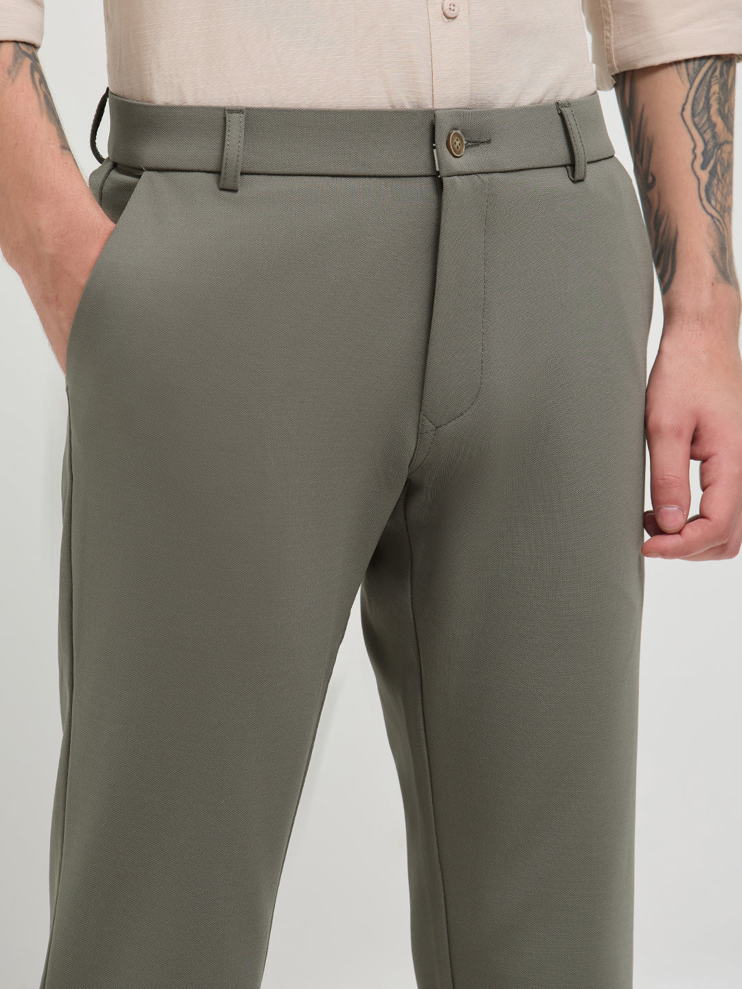 Pista Green Solid Casual Trousers