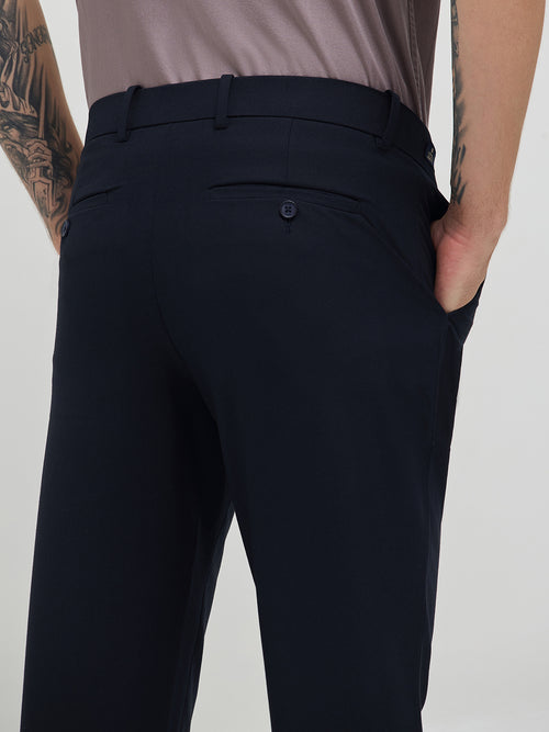 Navy Blue Solid Casual Trousers