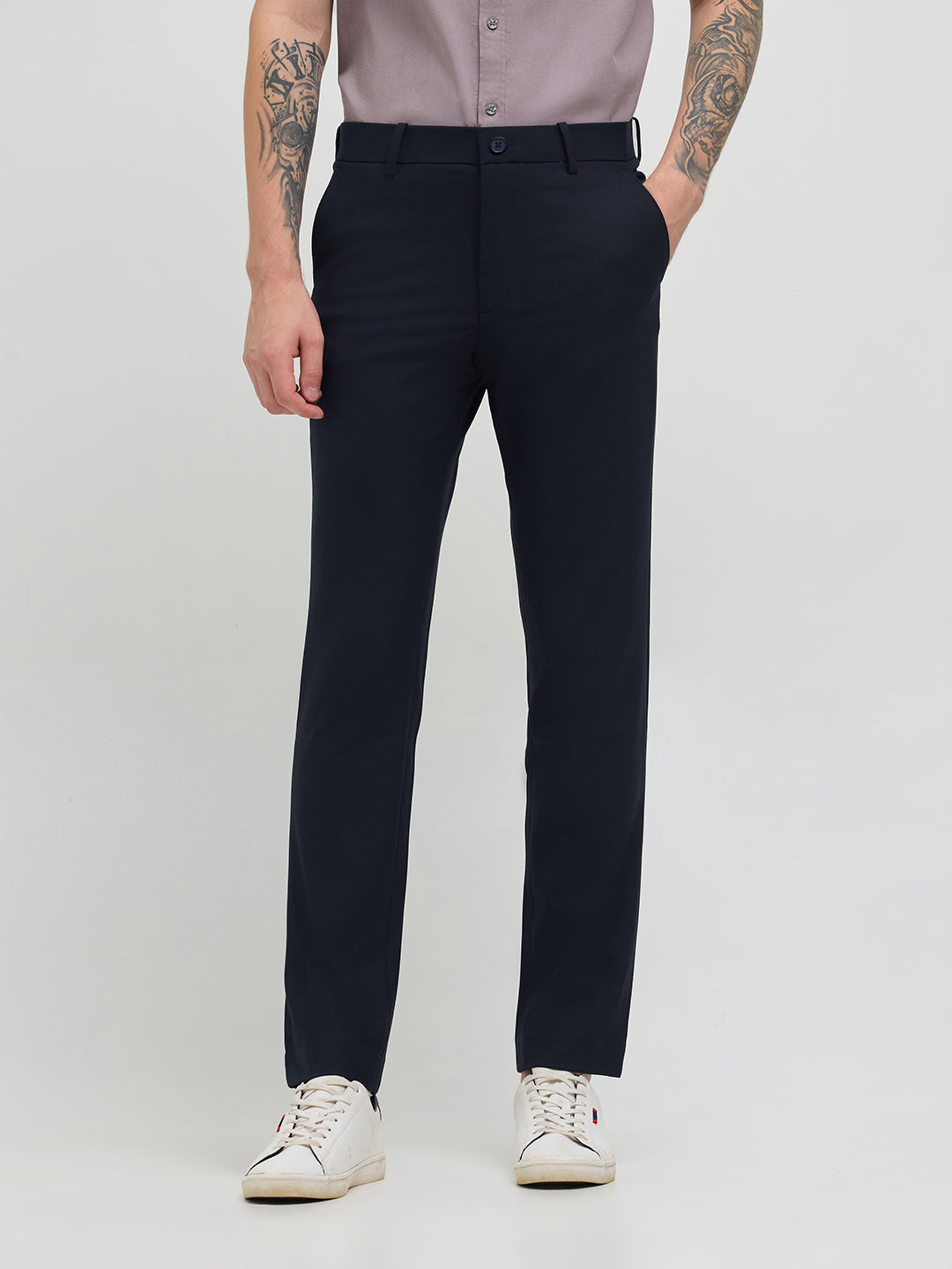 Navy Blue Solid Casual Trousers