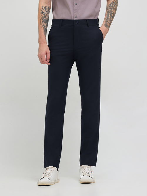 Navy Blue Solid Casual Trousers