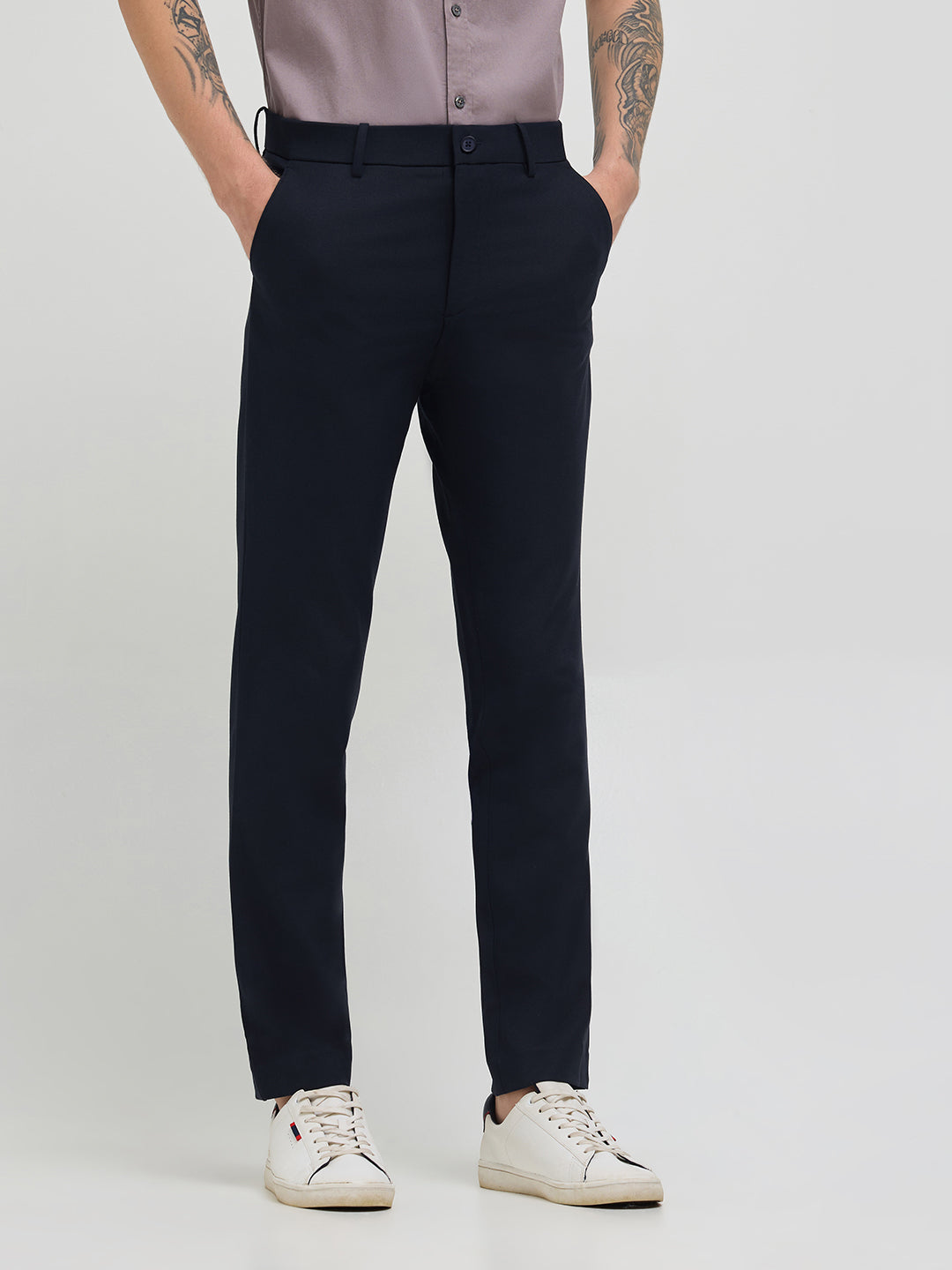 Navy Blue Solid Casual Trousers
