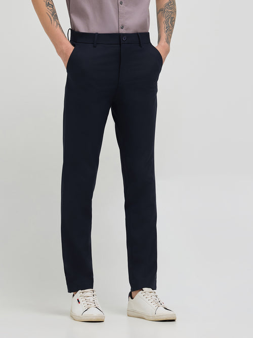 Navy Blue Solid Casual Trousers