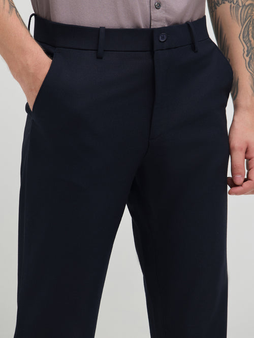 Navy Blue Solid Casual Trousers