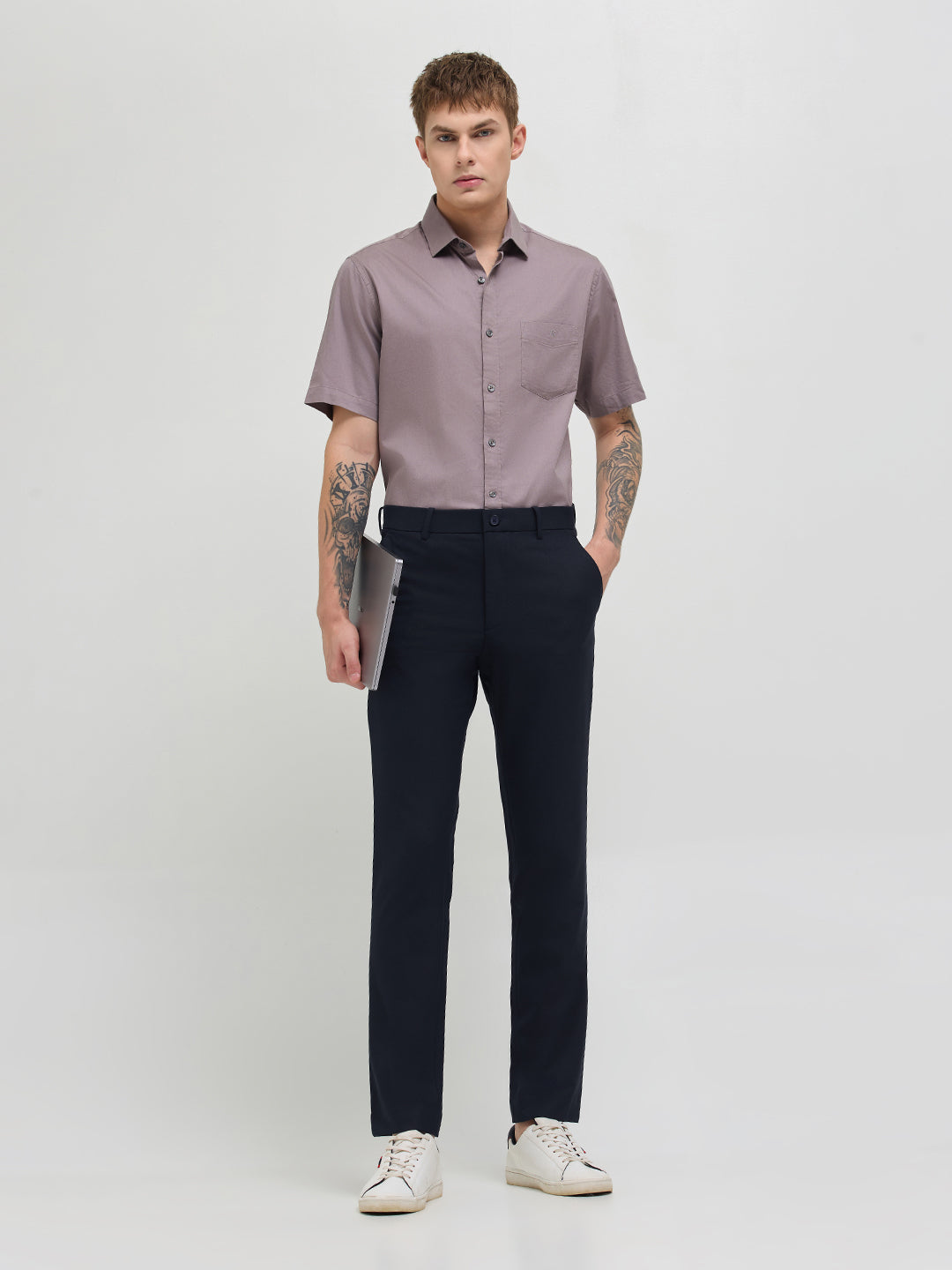 Navy Blue Solid Casual Trousers