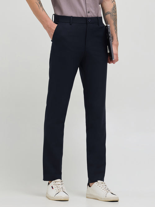 Navy Blue Solid Casual Trousers